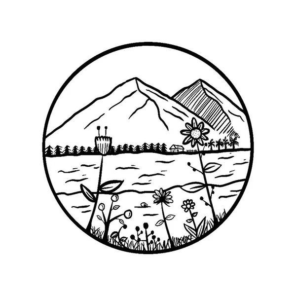 Vue Sur Les Fleurs Bord Rivière Avec Fond Montagneux Illustration — Image vectorielle