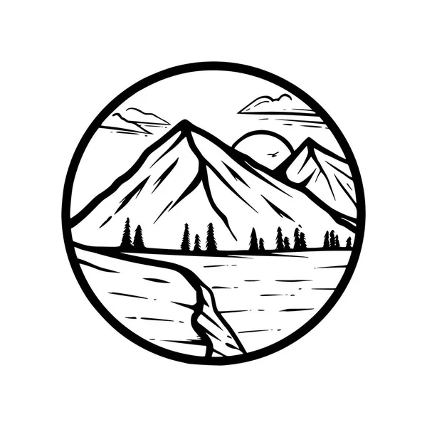 Vista Montagna Disegnato Mano Logo Emblema — Vettoriale Stock