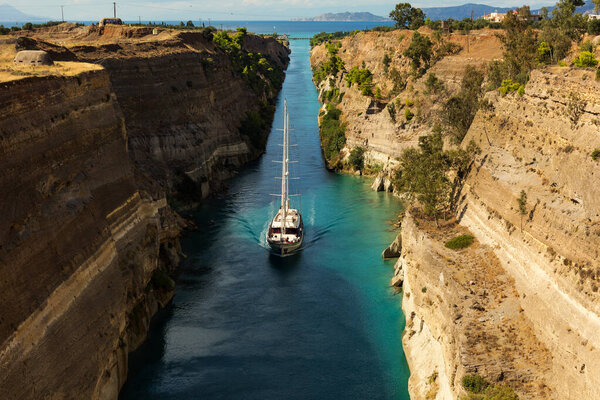 Sailing boat in the Corinth Canal, Loutraki, Greece