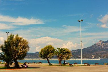 Corinth, Moreloponnese, Yunanistan 'daki Korint Körfezi manzarası