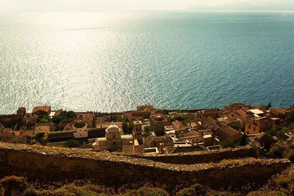 Ovanifrån Havet Och Medeltida Staden Monemvasia Peloponnesos Grekland — Stockfoto