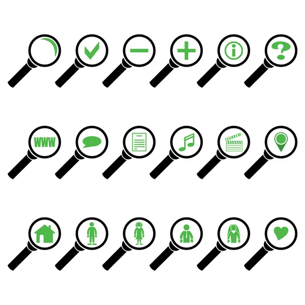 Search icon set (black and green) with clear glass — Stock Vector