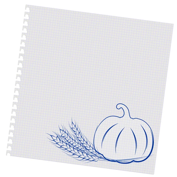 Dibujo a mano calabaza madura y espigas de trigo en una hoja en la caja — Vector de stock