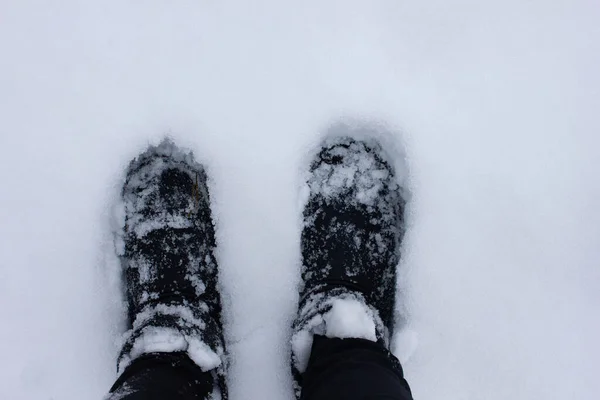 Winter shoe on feet sprinkled with snow on a cold frosty day — Stock Photo, Image