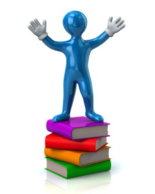Kitap yığını üzerinde duran adam