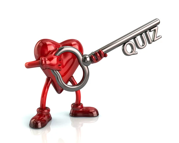 Corazón sosteniendo la llave con la palabra quiz — Foto de Stock