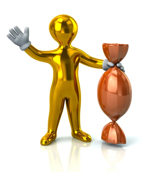 Golden man holding orange candy — Stock Photo, Image