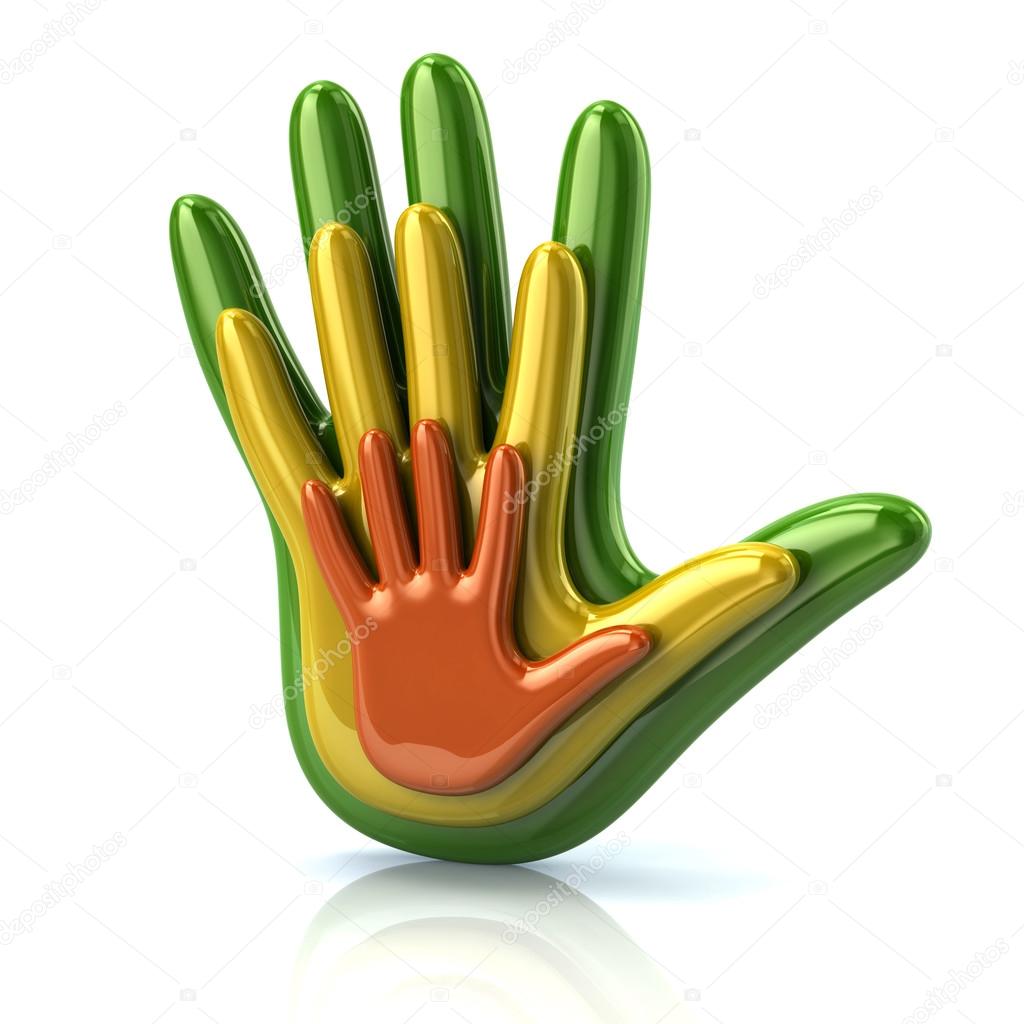 3d illustration of family concept. Green, yellow and orange hands isolated on white background