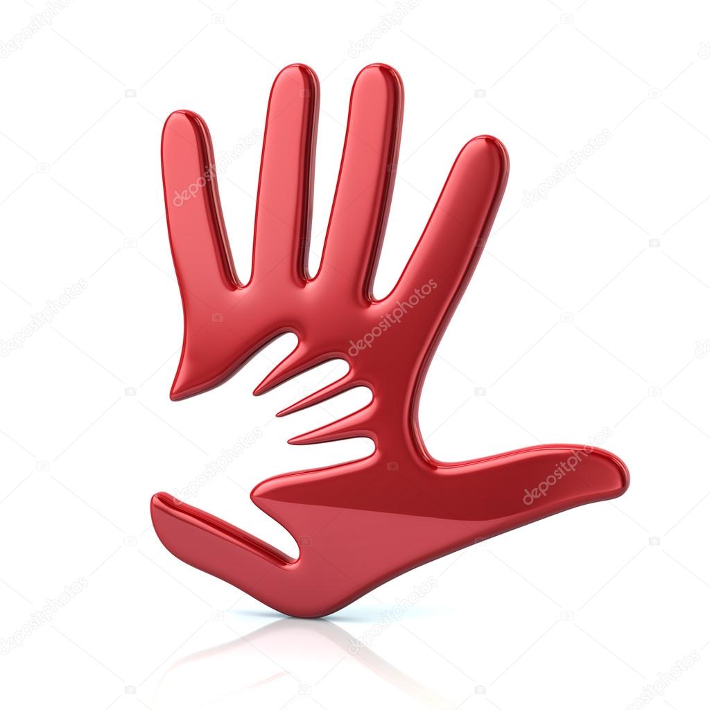 3d illustration of red adult and kid hands isolated on white background