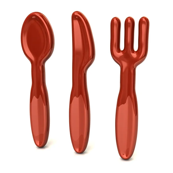 Lingură roșie, cuțit și furculiță — Fotografie, imagine de stoc
