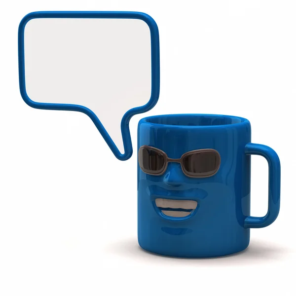 Taza azul divertido y burbuja del habla — Foto de Stock