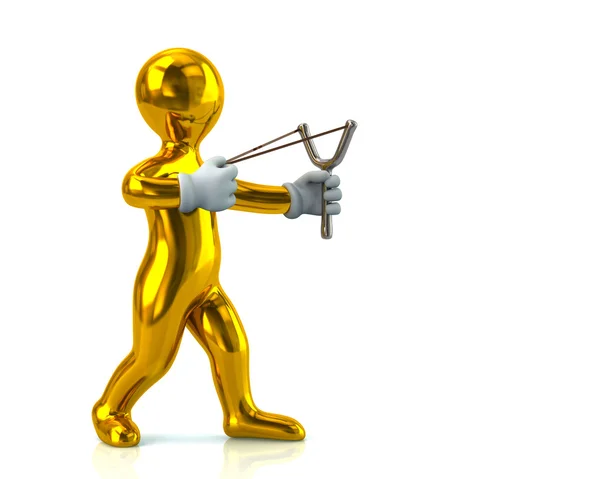 Golden man aiming slingshot — Stock Photo, Image