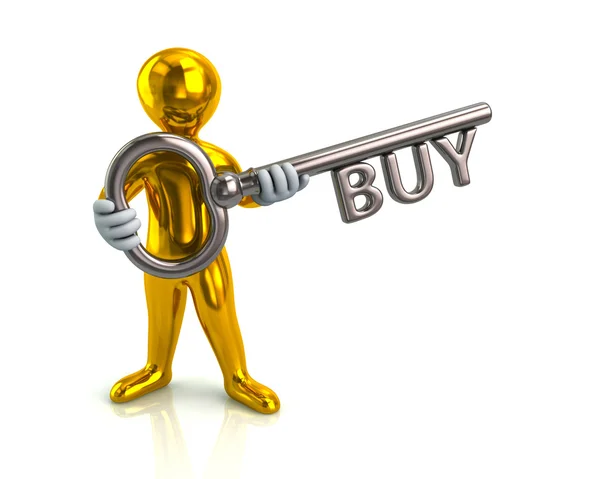 Man holding key with word buy — Stock Photo, Image