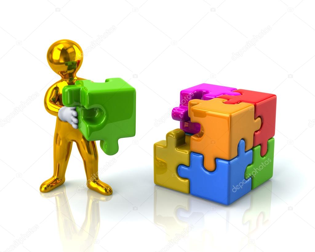 Hombre con colorido 3d rompecabezas cubo Ilustración de archivo de