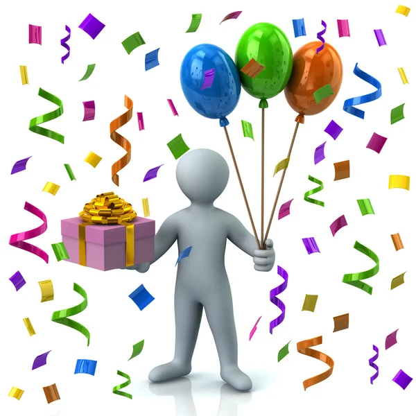 Man holding gift box and balloons — Stock Photo, Image