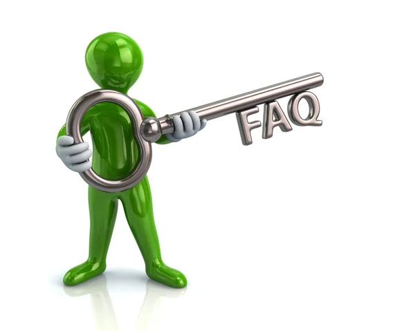 Hombre sosteniendo la llave con la palabra FAQ — Foto de Stock