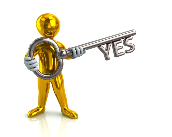 Man holding key with word yes — Stock Photo, Image