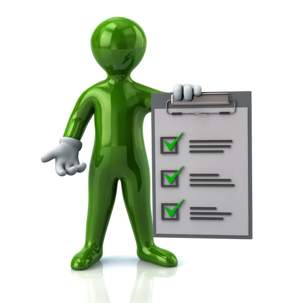 Grön man med checklista — Stockfoto
