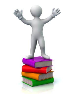 Kitap yığını üzerinde duran adam
