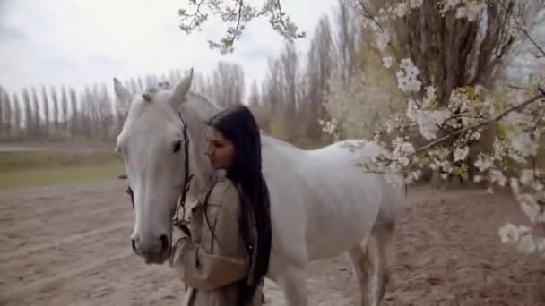 Mujer Joven Caminando Con Caballo Campo Durante Día Primavera — Vídeos de Stock