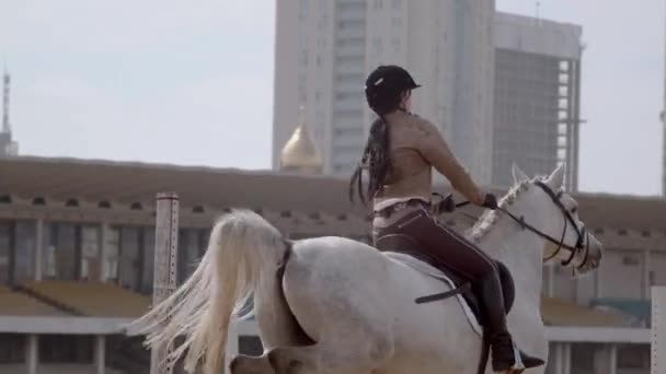 Молодая Наездница Идущая Лошадью Открытой Песчаной Арене Паркура Обучение Лошадей — стоковое видео