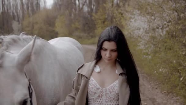 Slow Motion Young Woman Walking Her Horse Field Spring Daytime — Stock Video