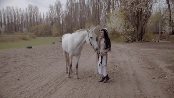 Lento Movimiento Mujer Joven Caminando Con Caballo Campo Durante Día — Vídeos de Stock