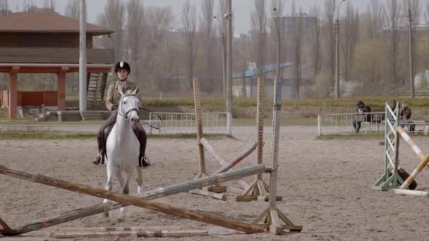 Pomalý Pohyb Mladá Jezdkyně Kráčí Koněm Venkovním Písečném Parku Koni — Stock video