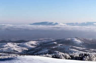 Dağ sisle kaplı. Etrafı ormanlarla çevrili.