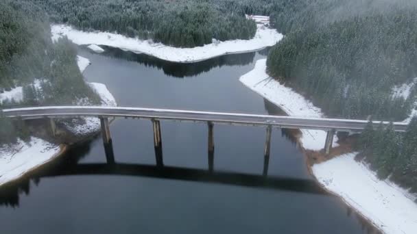 Widok Powietrza Most Przez Górskie Jezioro Zimie — Wideo stockowe