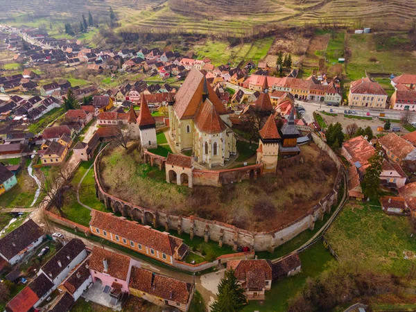 Photographie Une Église Fortifiée Située Roumanie Village Biertan Drone Une — Photo