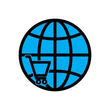 İnternetten alışveriş sitesi ikonu. Alışveriş arabası ikonu ve toprak. Şablon vektörü tasarla