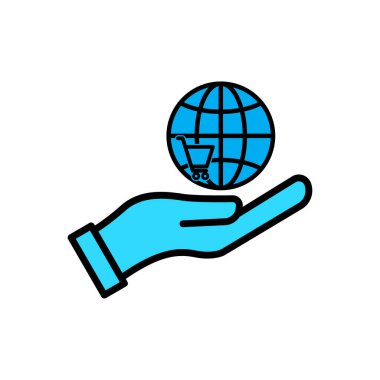 İnternetten alışveriş sitesi ikonu. El ikonu, alışveriş arabası ve toprak. Şablon vektörü tasarla