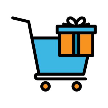 Hediye alışverişi markası renk ikonu. Alışveriş arabası ikonu ve hediye kutusu. Basit dizayn edilebilir. Şablon vektörü tasarla