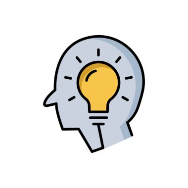 Baş çizgisel renk ikonu ve ampul. Yeni fikir kavramı. Fikir üretimi süreci. Basit dizayn edilebilir. Şablon vektörü tasarla