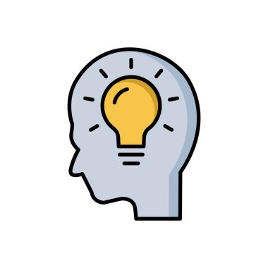 Baş çizgisel renk ikonu ve ampul. Yeni fikir kavramı. Fikir üretimi süreci. Basit dizayn edilebilir. Şablon vektörü tasarla