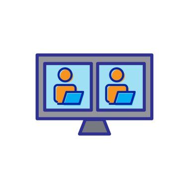 İnsanlarla birlikte düz ekran simgesi. Online iletişim sembolü. Basit dizayn edilebilir. Şablon vektörü tasarla