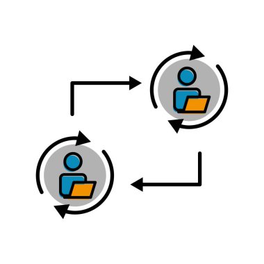 İnsanlar ve dizüstü bilgisayarlarla ok doğrusal renk simgesini çember yapın. İş çevrimiçi sembolü. Basit bir illüstrasyon mobil uygulama hattı simgesi ve web tasarımı. Düzenlenebilir felç. Şablon vektörü tasarla