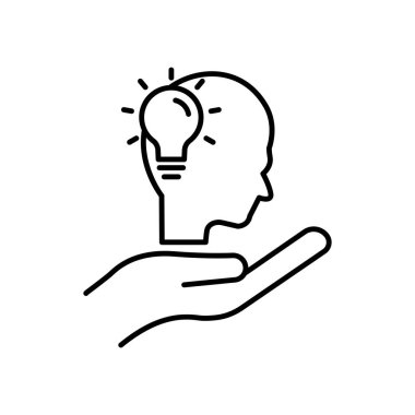 Baş ve ampullü el çizgisi simgesi. Yeni fikir kavramı. Fikir üretimi süreci. Düzenlenebilir felç. Basit illüstrasyon mobil konsept ve web tasarımı. Şablon vektörü tasarla