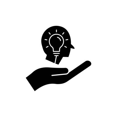 Baş ve ampullü el simgesi. Yeni fikir kavramı. Fikir üretimi süreci. Düzenlenebilir felç. Basit illüstrasyon mobil konsept ve web tasarımı. Şablon vektörü tasarla