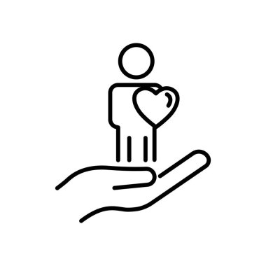 İnsan ve kalple el çizgisi ikonu. Arkadaşlık, şefkat, düzenlenebilir felç. Şablon vektörü tasarla