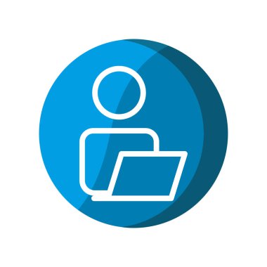 Laptop simgesi olan kullanıcı. Basit illüstrasyon mobil konsepti, web tasarımı, uygulama, UI. Şablon vektörü tasarla