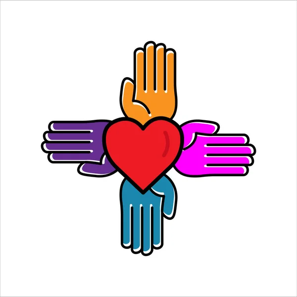 Vier Hände Lineares Farb Symbol Mit Herz Wohltätigkeitssymbol Spende Menschlichkeit — Stockvektor