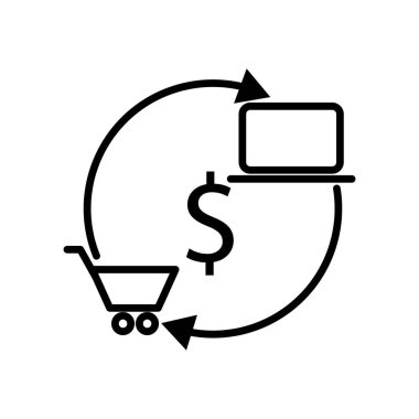 Alışveriş çantası ve dolarla dizüstü bilgisayar. İnternetten alışveriş ikonu. Taslak tarzı. Şablon vektörü tasarla