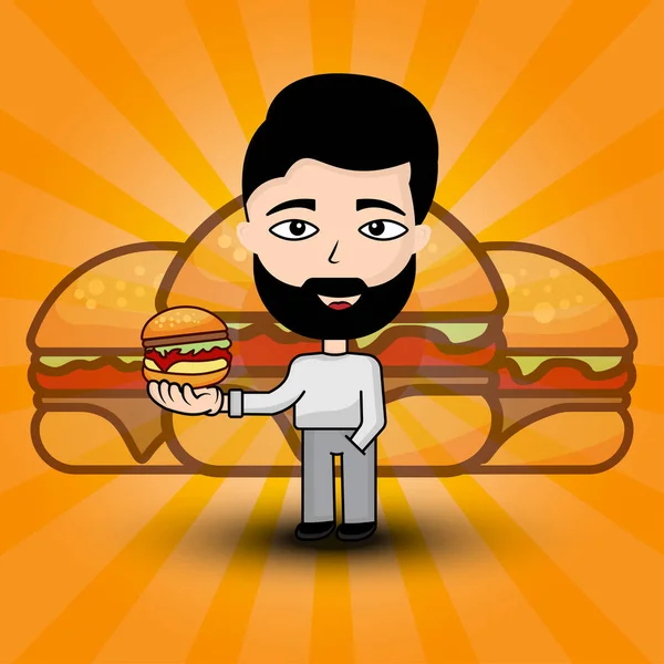 Personagem Desenhos Animados Homens Com Hambúrguer Adequado Para Promoção Hambúrguer — Vetor de Stock