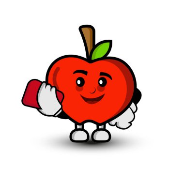 Cep telefonu olan Apple çizgi film karakteri. Çizim düz stil. Parmak izi tasarımı, çocuk kitabı, çocuk gömleği vs. için uygun. tasarım şablonu