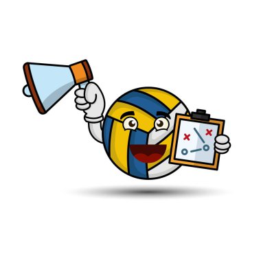 Megafon ve strateji tahtası olan voleybol çizgi film karakteri. Çizim düz stil. tasarım şablonu