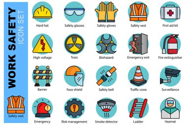 İş güvenliği simgesi seti. Renkli taslak simge biçimi. Simge başlığı, ilk yardım çantası, acil çıkış ve daha fazlası var. Güvenlik elemanı vektör illüstrasyonu