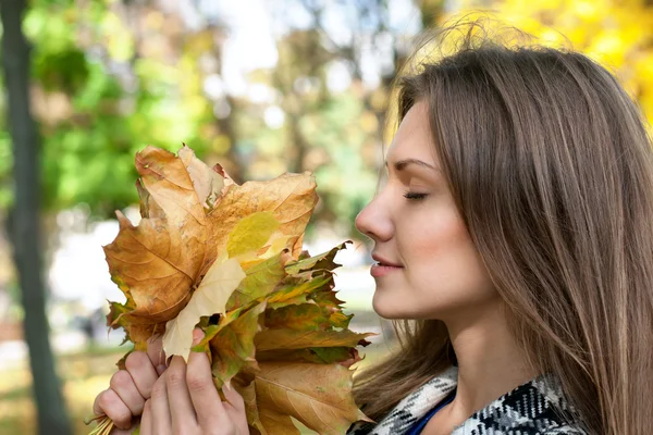 Κορίτσι με το φθινόπωρο τα φύλλα — Φωτογραφία Αρχείου