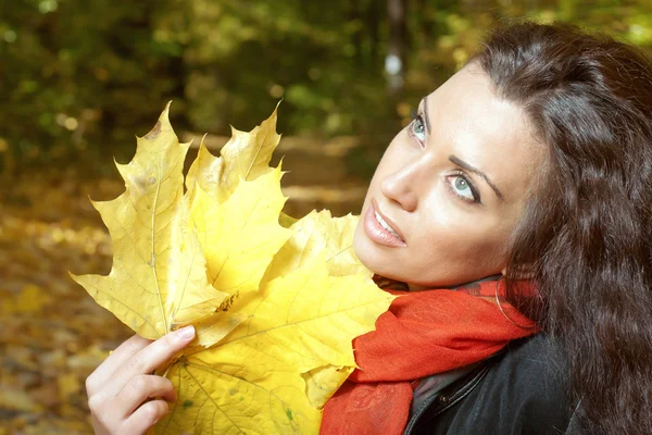 Mädchen mit gelben Blättern — Stockfoto